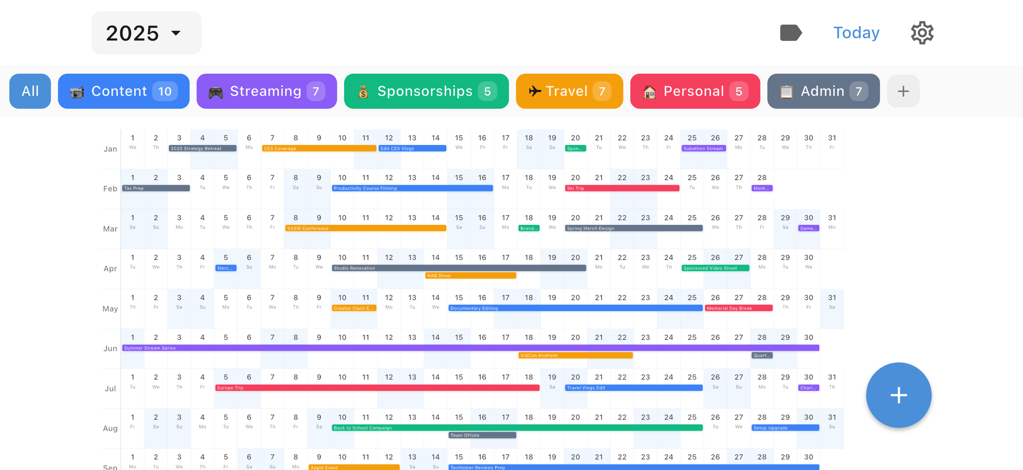 Chronos annual view showing entire year with color-coded events